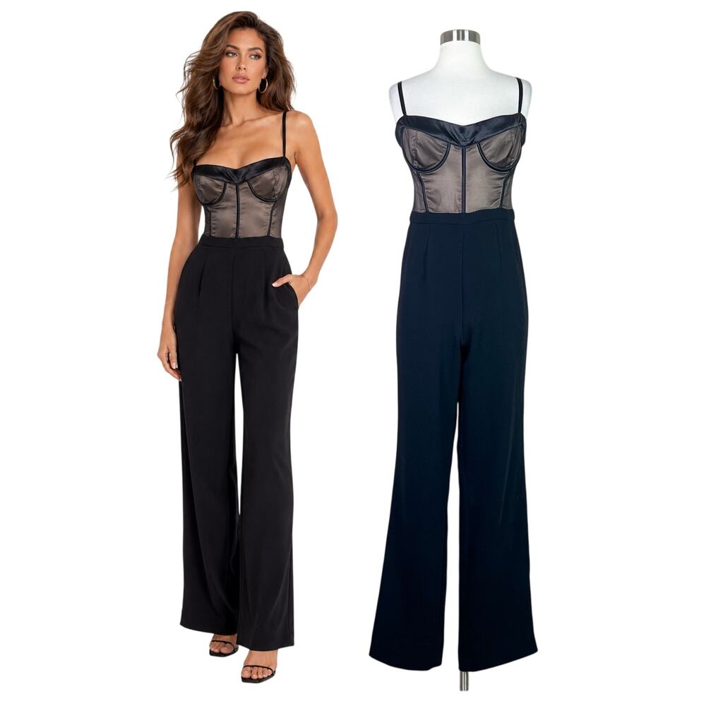 House of CB | Samirah Black Nude Mesh Bustier Corset Wide Leg Jumpsuit Size M